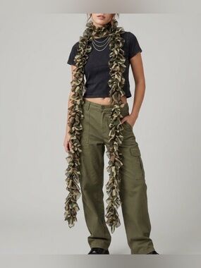 87” Vintage Y2K Camo Ruffle Chiffon Scarf Boa Woodland Camouflage Grunge 00s